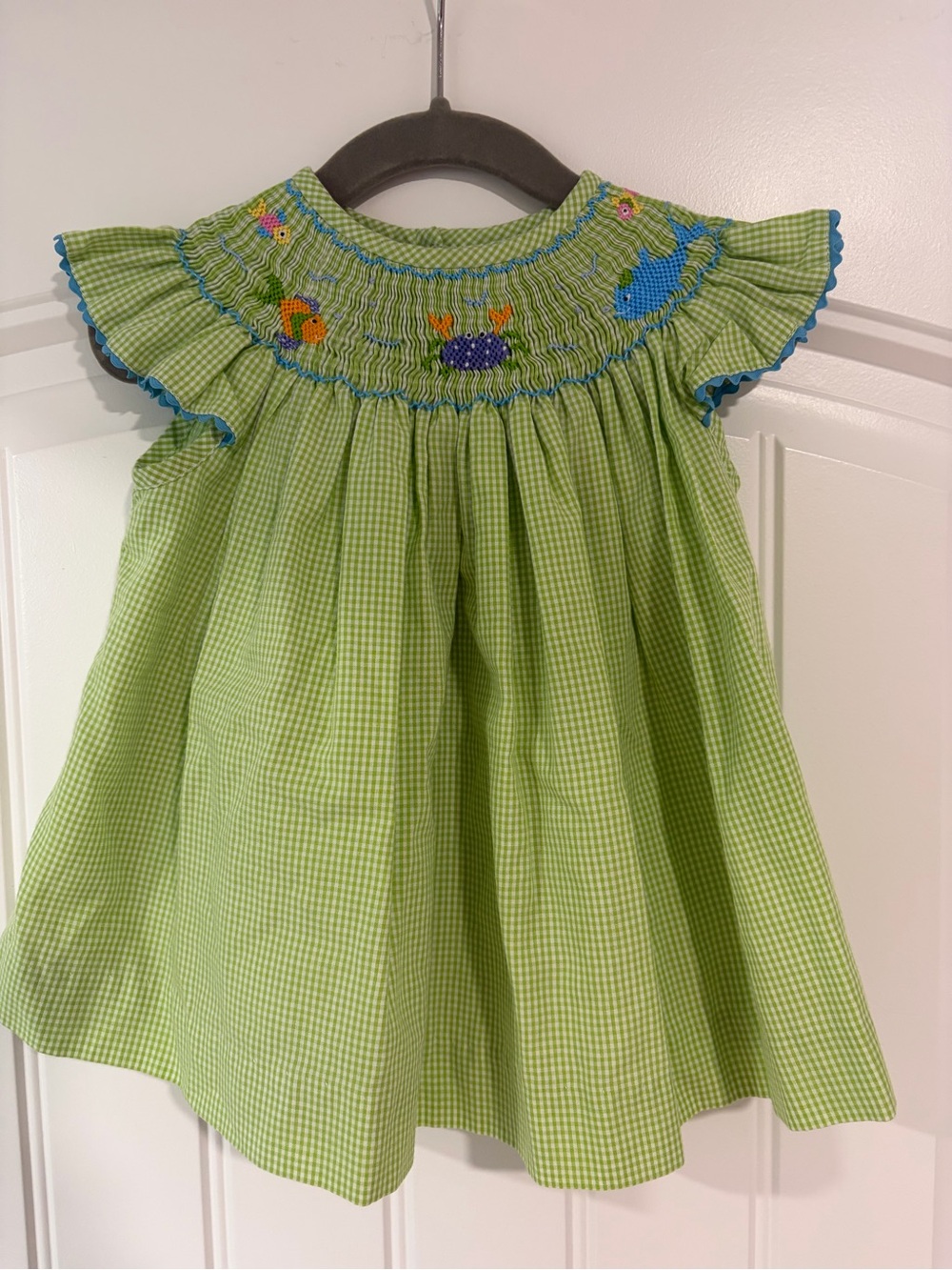 Lime Gingham Smocked Flutter Sleeve Top with Sea Motifs